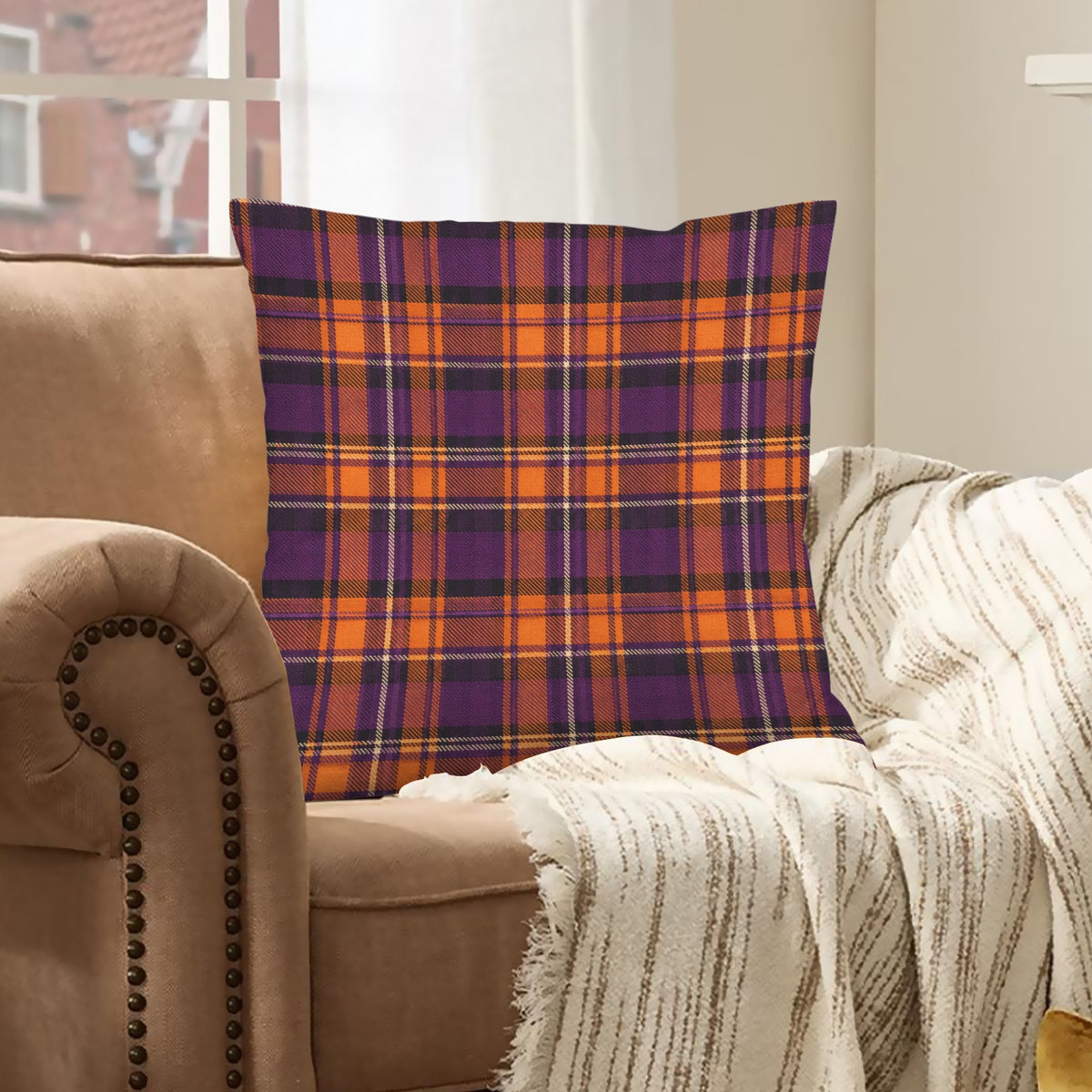 Plum & Orange Tartan Velvet Pillow Cover, 18x18