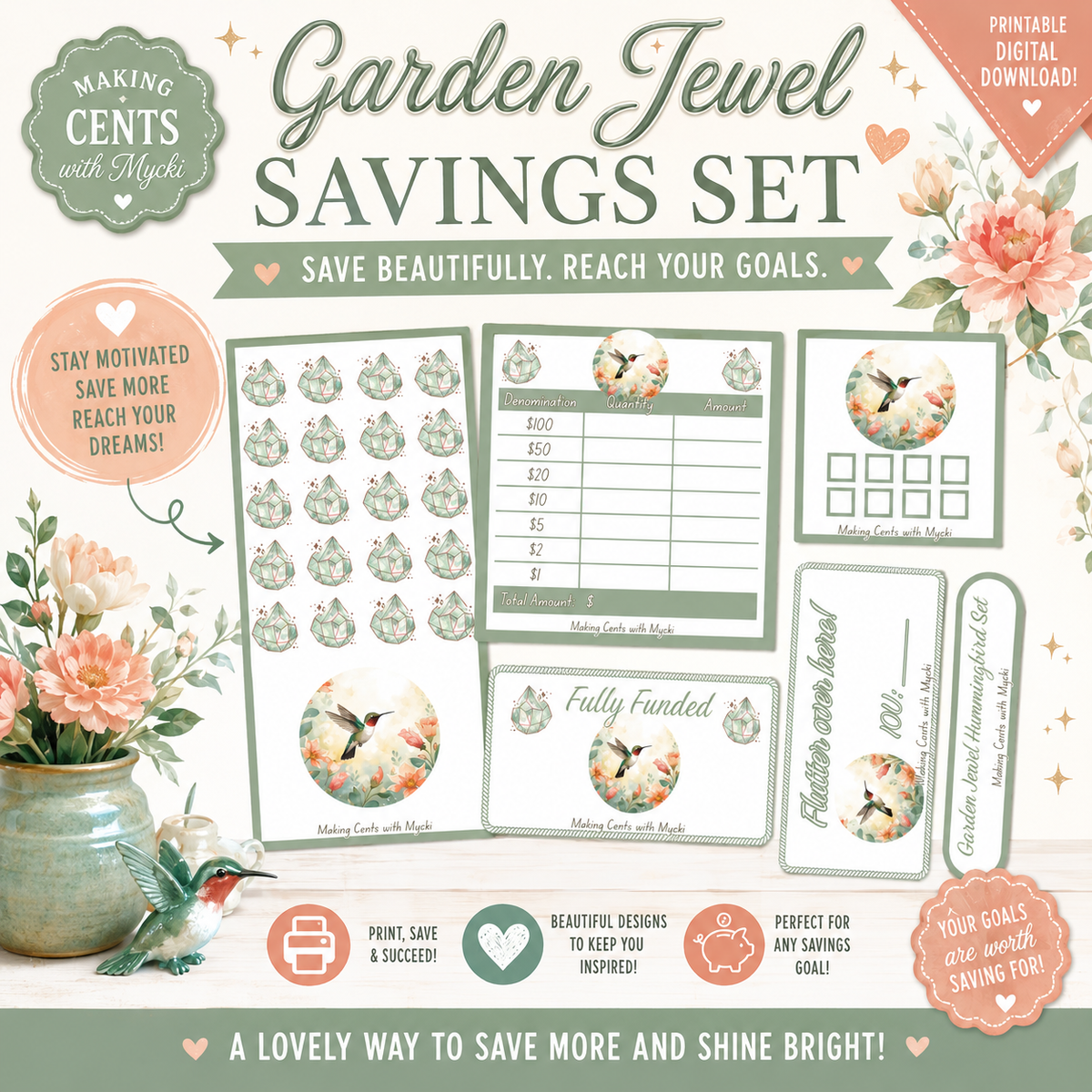 Garden Jewel Savings Set — printable savings templates with hummingbird and gem designs by Making Cents with Mycki