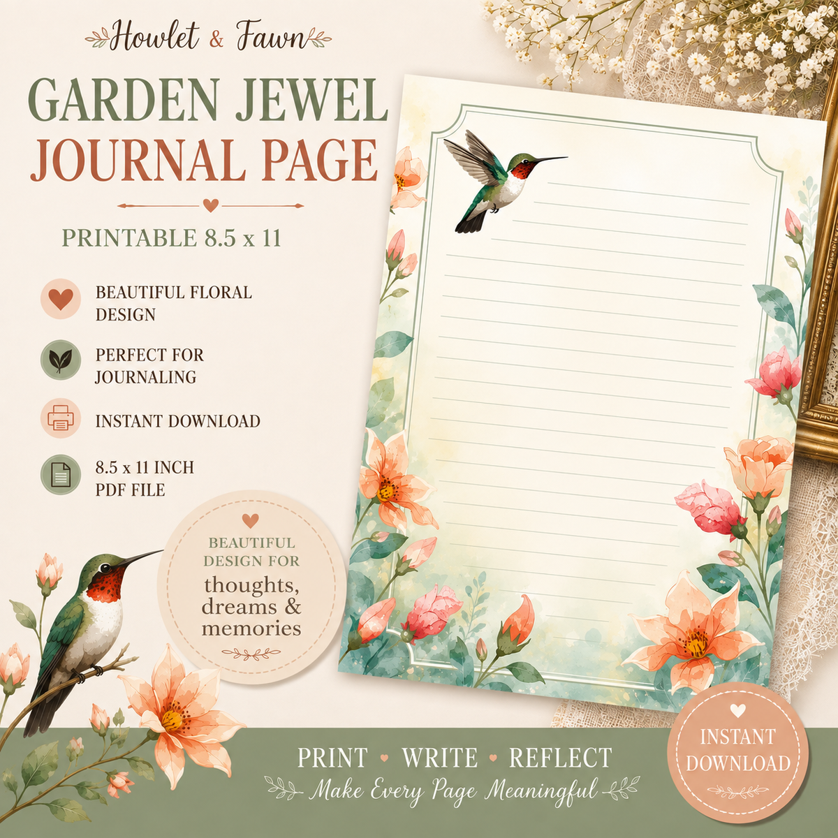 Garden Jewel Journal Page printable with hummingbird and watercolor floral border